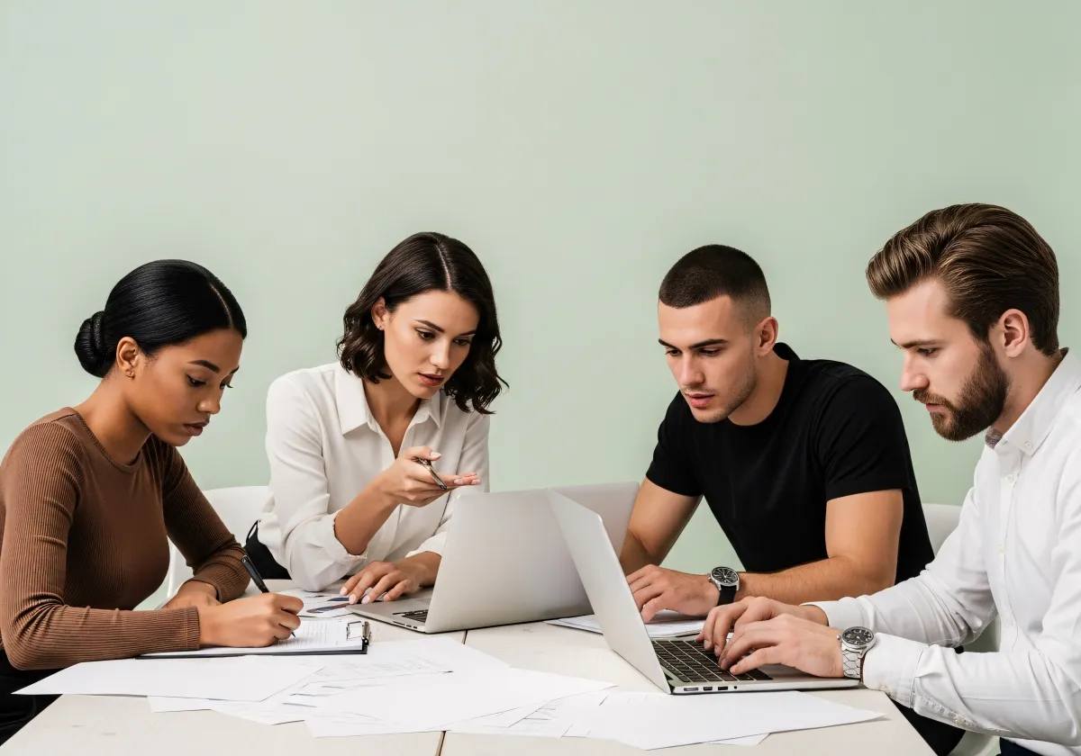 Grupo diverso reunido numa sala de reunião